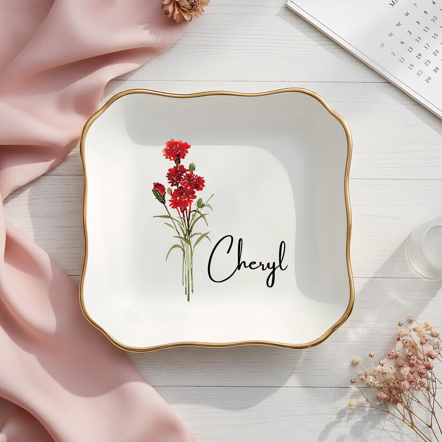 Personalized Birth Flower Trinket Dish, Custom Watercolor Flower Ring Dish, Wedding Bridesmaid Gift, Birthday Jewelry Dish, Christmas Gifts