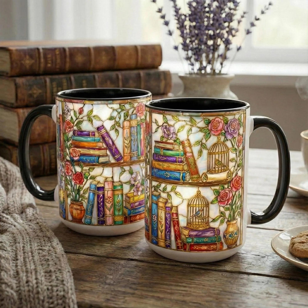 Stained-glass Style Floral Bookshelf Mug, Book Lover Gift, Bookish Mug, Library Cup, Gift Mug – Thoughtful Design for Coffee Lovers