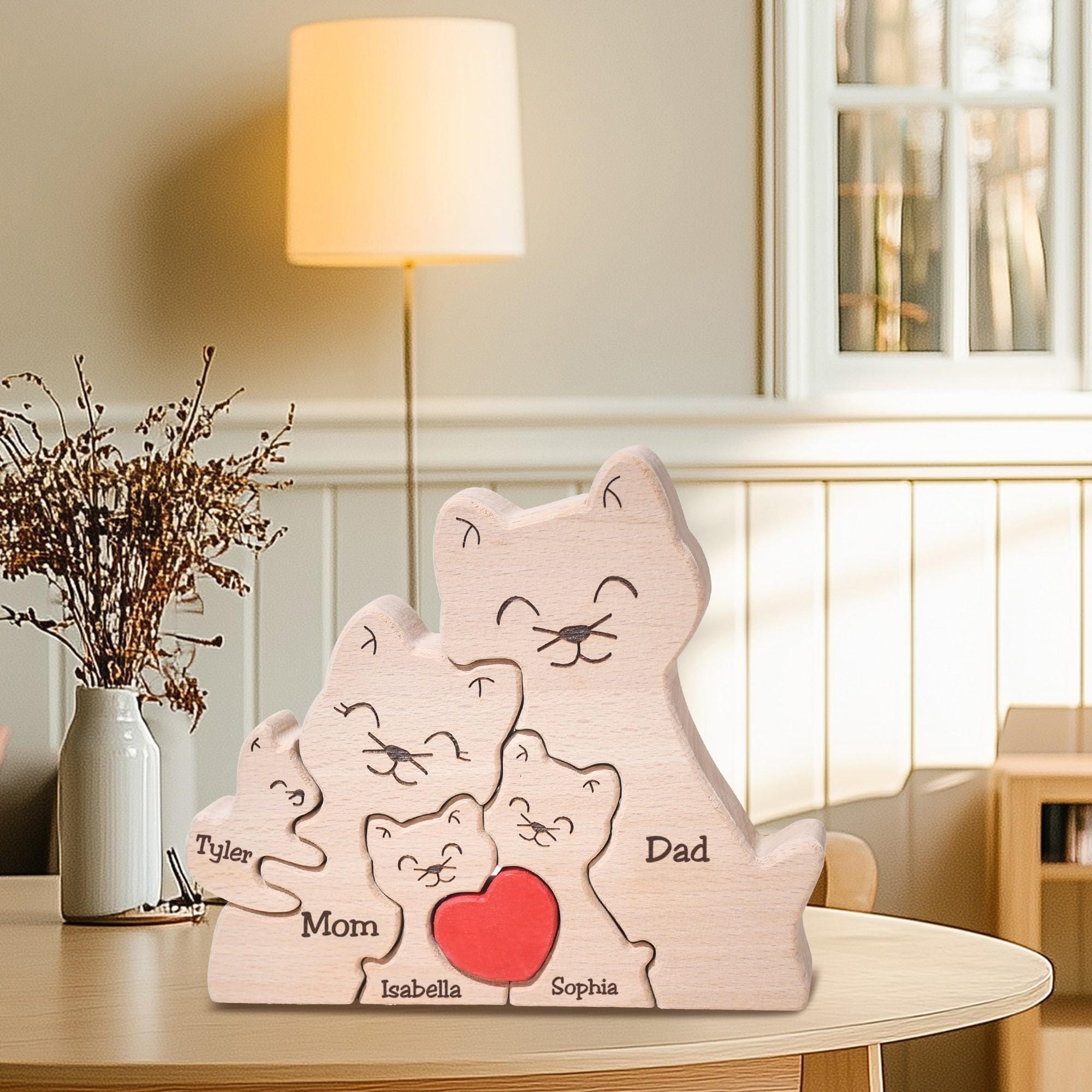 Custom Wooden Cat Family Puzzle, Happy Family of 3 Home Decor, Engraved Cat Family Keepsake, Cat Lover Gifts, Cat Mum Gifts, Christmas Gifts