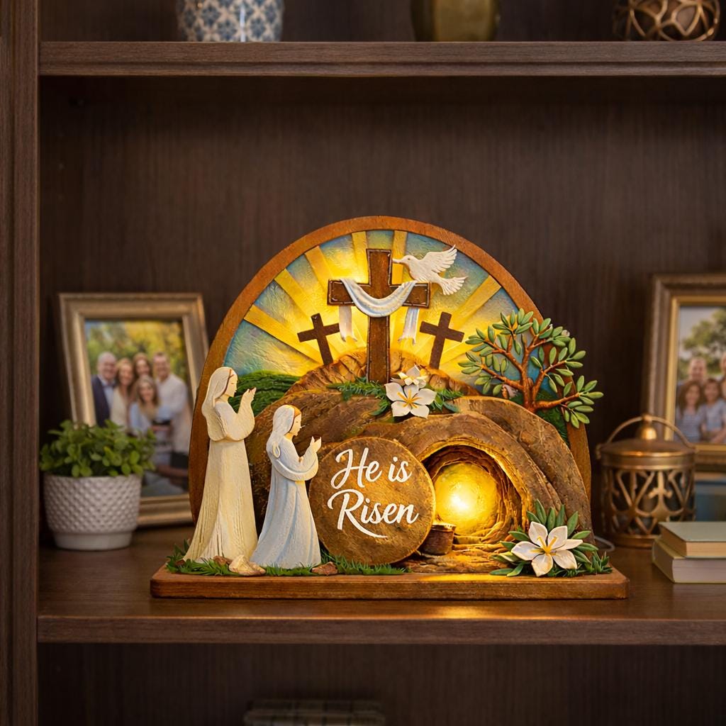 Easter Wooden Standing, He is Risen Decor, Empty Tomb Cross Scene, Christian Resurrection Display, Faith Tabletop Shelf Sign Gift