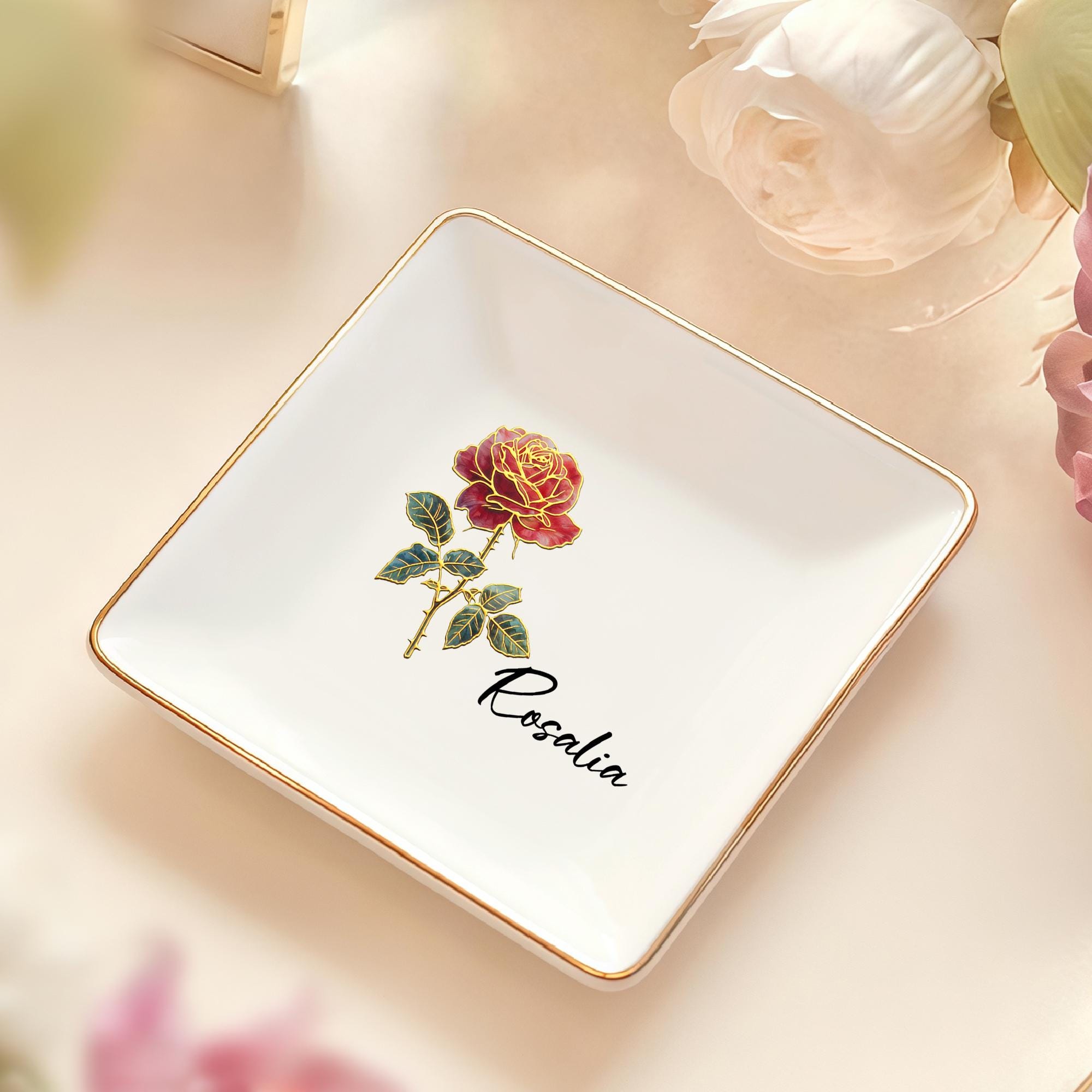 Custom Gold Rim Birth Flower Dish, Personalized Jewelry Tray, Floral Ring Holder, Birthday Gift, Bridesmaid Gift, Gift for Mom