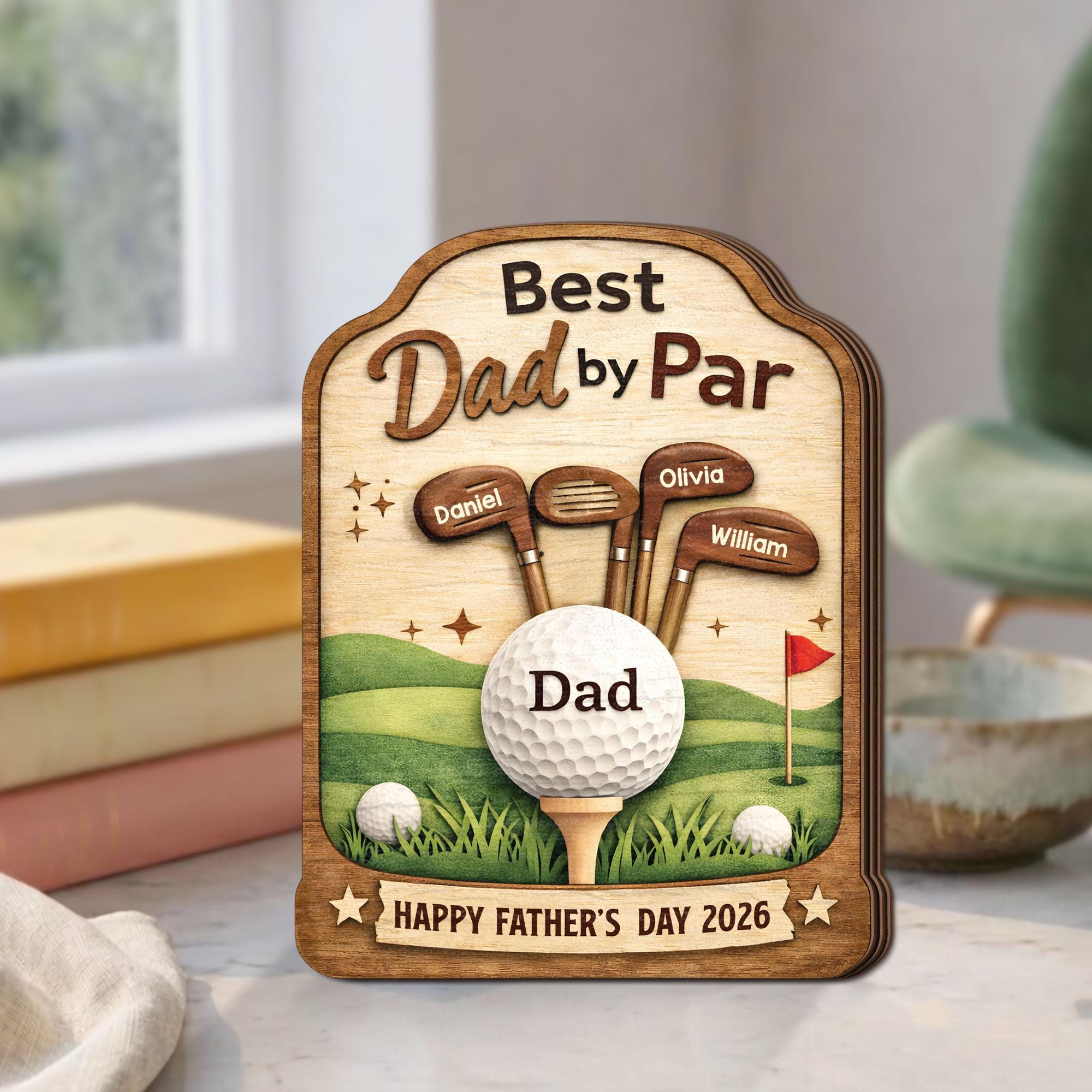 Best Dad by Par Wooden Block, Personalized Golf Dad Gift, Fathers Day Gift From Kids, Custom Name Golf Father Decor, Dad Desk Wooden Plaque
