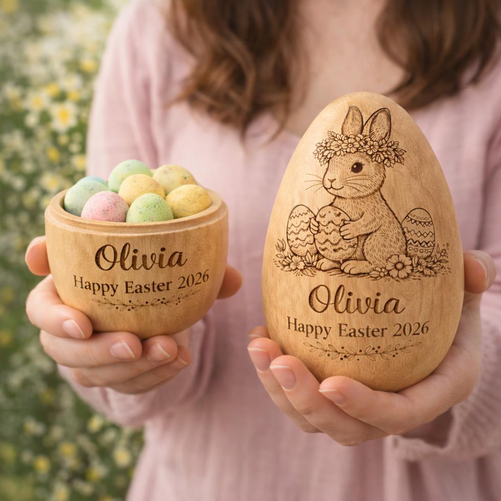 Personalized Wooden Easter Egg_ Engraved Hollow Egg Decor 2026 Custom Name Gift