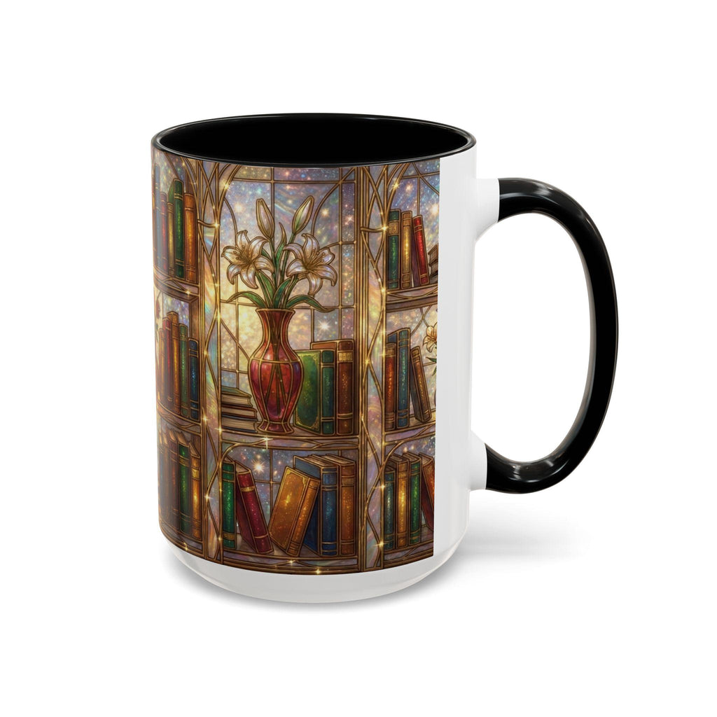 Stained Glass Books Mug, Book Lover Coffee Mug, Cozy Library Mug, Bookish Gift for Readers, Dark Academia Mug, Floral Bookshelf Cup, Cute Character Mug – Fun Design for Daily Use