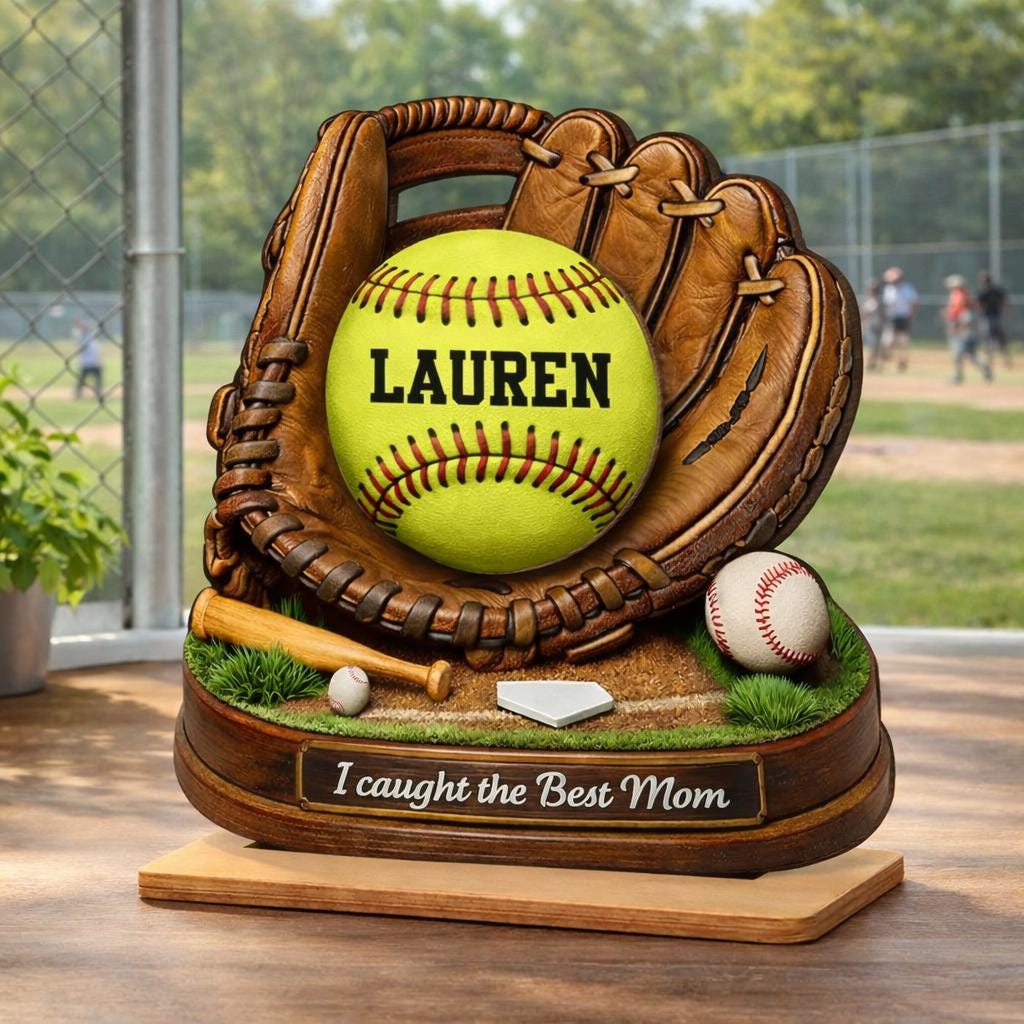 We Caught the Best Mom, Baseball, Softball Personalized Standing Wooden Sign, Mother's Day Gift for Wife, Mom, Custom Baseball Lover Gift