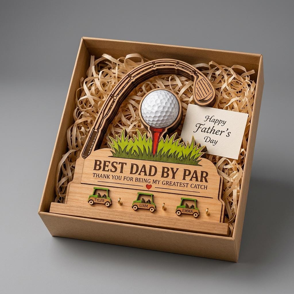 Personalized Golf Key Holder for Dad, Best Dad by Par Wooden Key Rack, Father's Day Gift From Kids, Custom Golf Lover Present