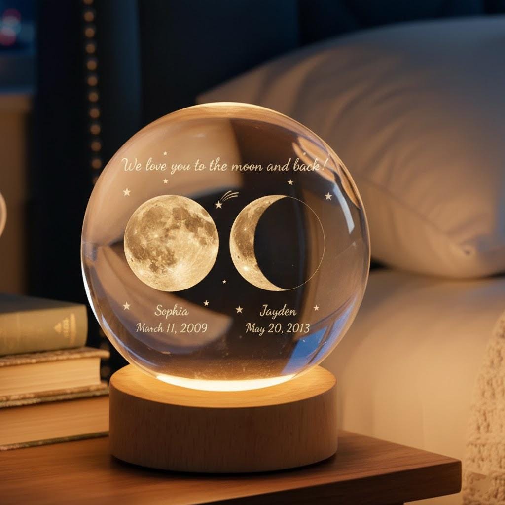 Personalized Moon Phase Kids Name Crystal Ball LED Night Light, Custom Moon Phase Lamp, Mother’s Day Gift, Children Name Keepsake Decor