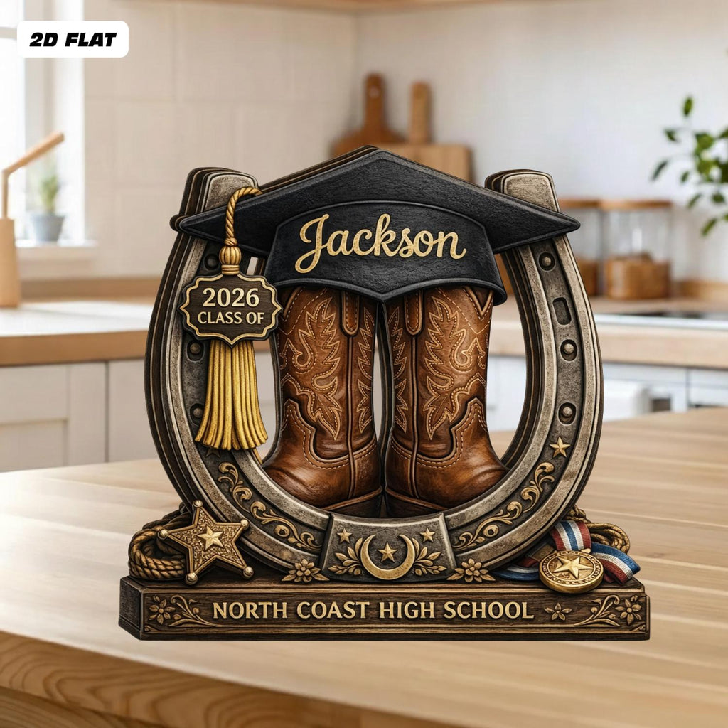 Personalized Graduation Wooden Block, Cowboy Boots Class of 2026 Gift, Custom Name Senior Keepsake, Western Graduation Decor, Wooden Sign