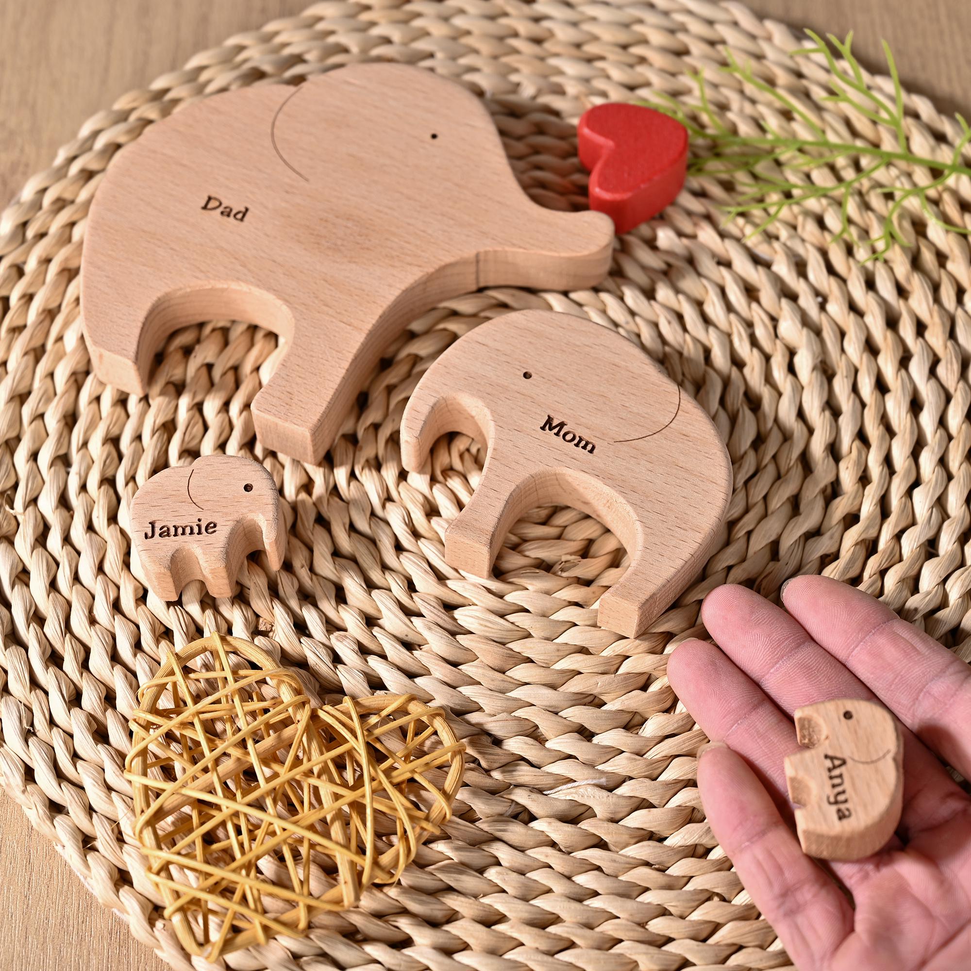 Wooden Elephant Family Puzzle With Names, Custom Anniversary Gift for Parents, Birthday Gift for Wife, Christmas Elephant Decor for Home