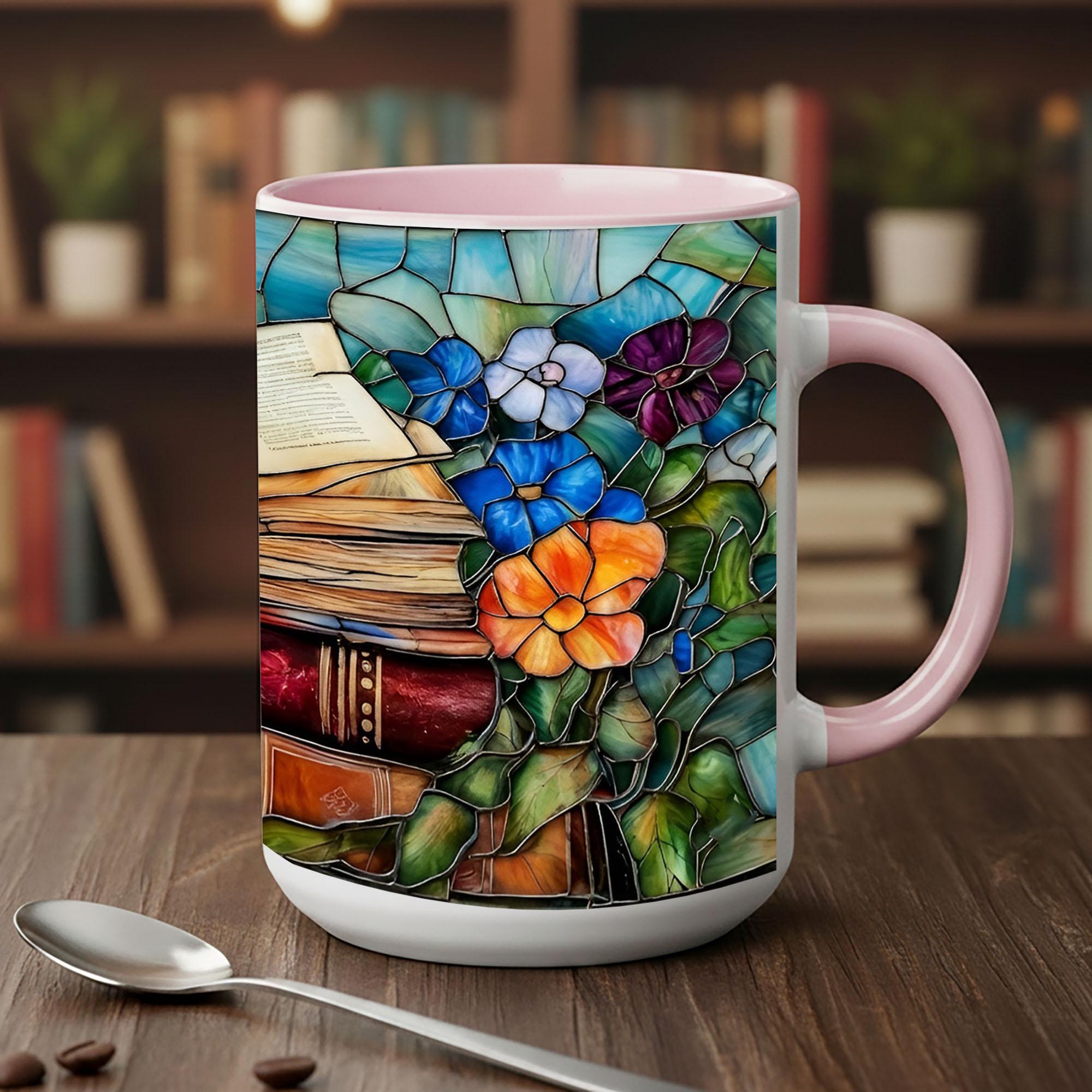 Stained Glass Book Lover Mug Floral Cottagecore Bookshelf Design Colorful Reading Bookish Cup 15oz Ceramic, Handle Color Mug
