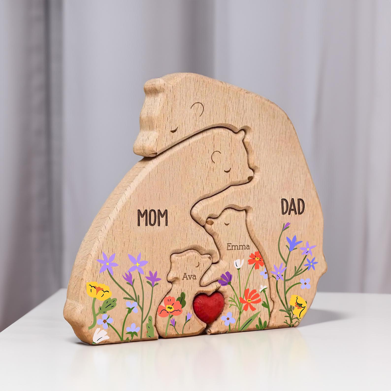 Hugging Bear Family Floral Version, Personalized Wooden Bear Family Puzzle, Father's Day Gift, Animal Family Puzzle Decor, Custom Dad Gift