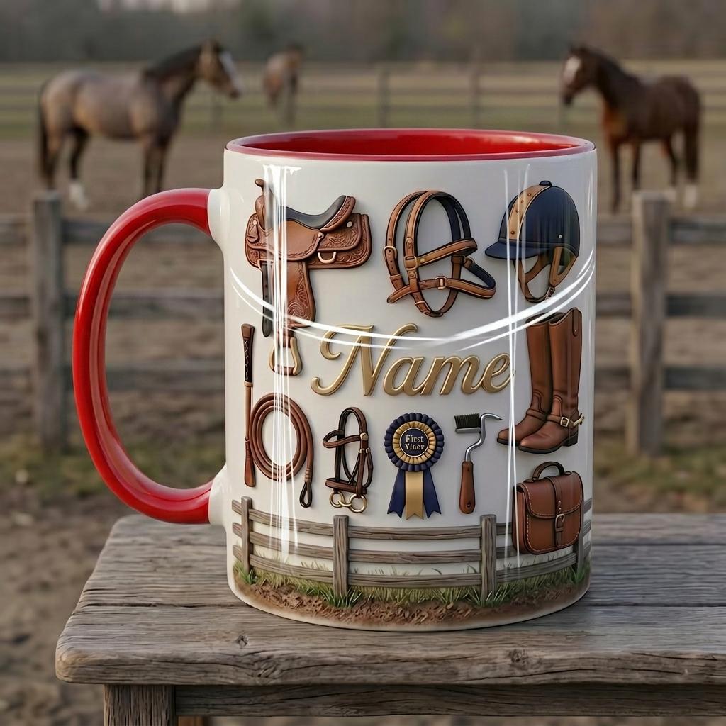 Personalized Horseback Riding Mug, Custom Rider Name Coffee Cup, Faux 3D Effect Equestrian Gift, 11oz or 15oz