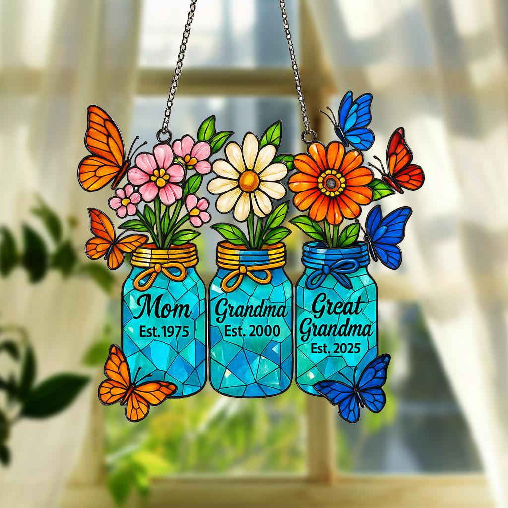 Generations Floral Jar Hologram Ornament _ Mom Grandma Great Grandma Gift _ Mother's Day Window Decor _ Family Legacy Keepsake, Gift for Her
