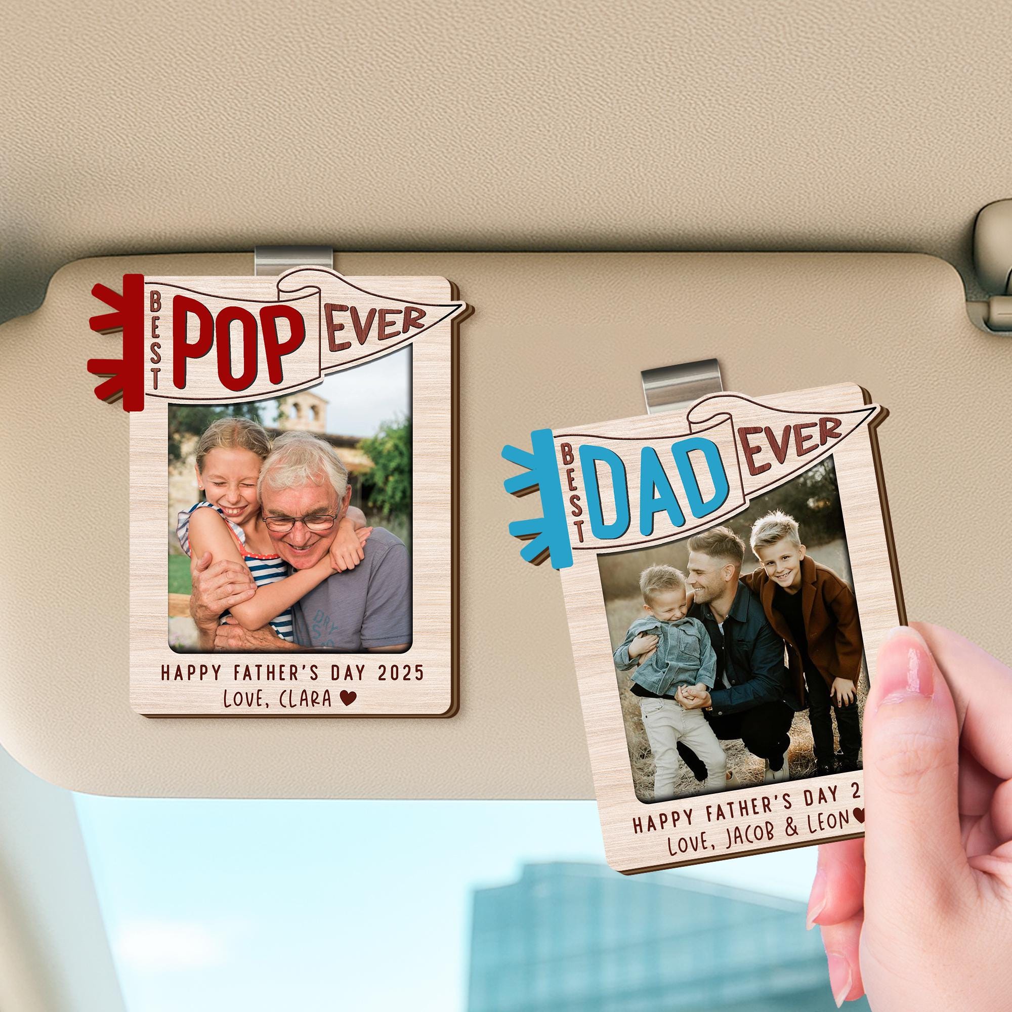 Custom Fathers Day Car Visor Clip Photo Frame, Custom Photo Sun Visor Clip for Dad Grandpa, Fathers Day Gift From Kids, Family Photo Gift