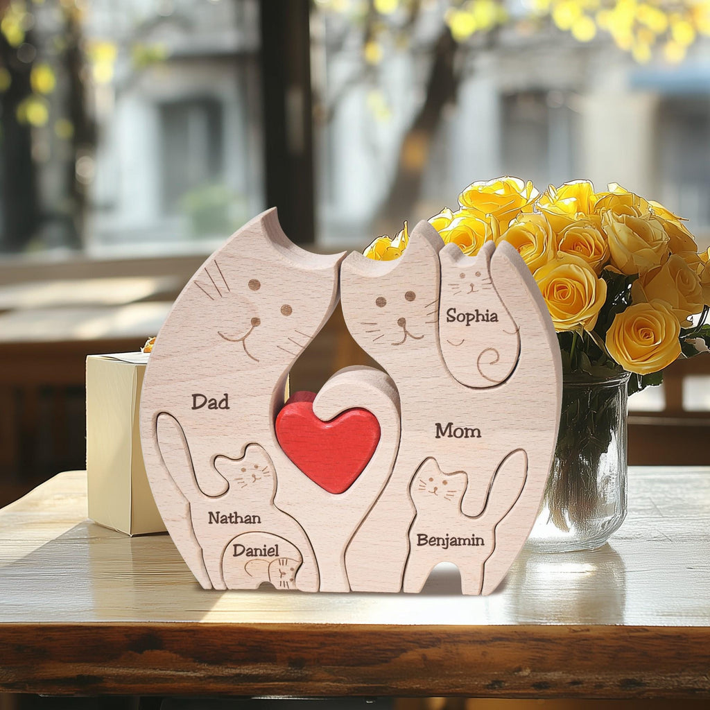 Custom Wooden Cat Family Puzzle, Wood Cat Figurines, Family Name Keepsake, Family of 4 Home Decor, Cat Lover Gifts, Birthday Gift for Wife
