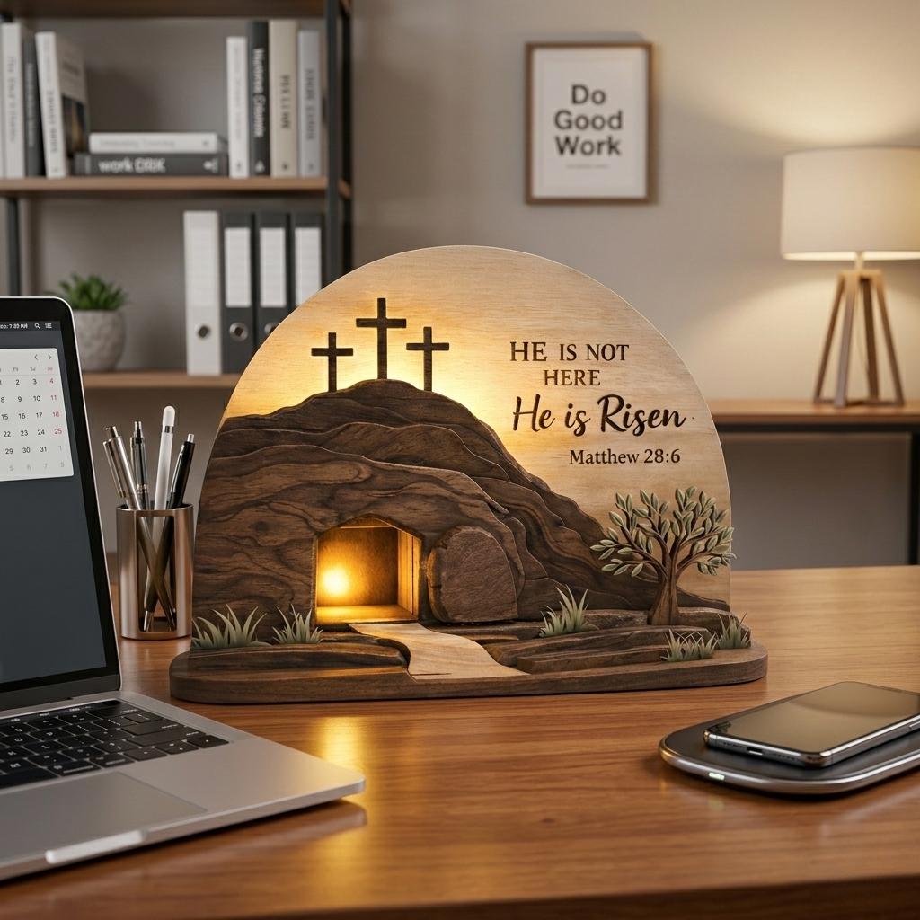 He is Risen Easte Wooden Block, Christian Resurrection Table Sign, Religious Home Decor Gift, Empty Tomb Cross Wood Shelf