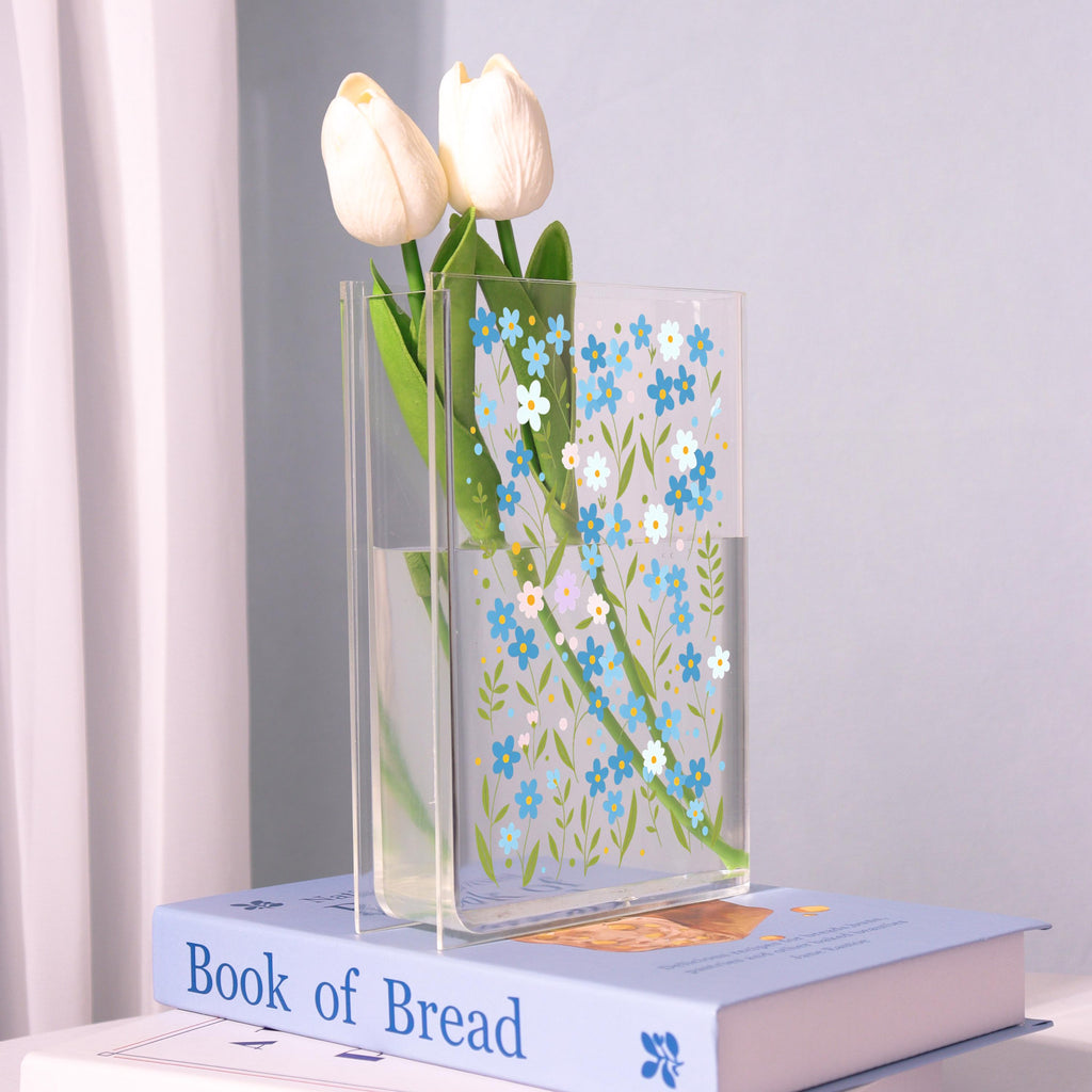 Blue Daisy Acrylic Book Vase, Wildflower Pattern Bookish Vase, Cottagecore Book Shaped Vase, Minimalist Flowers,custom Gift for Flower Lover