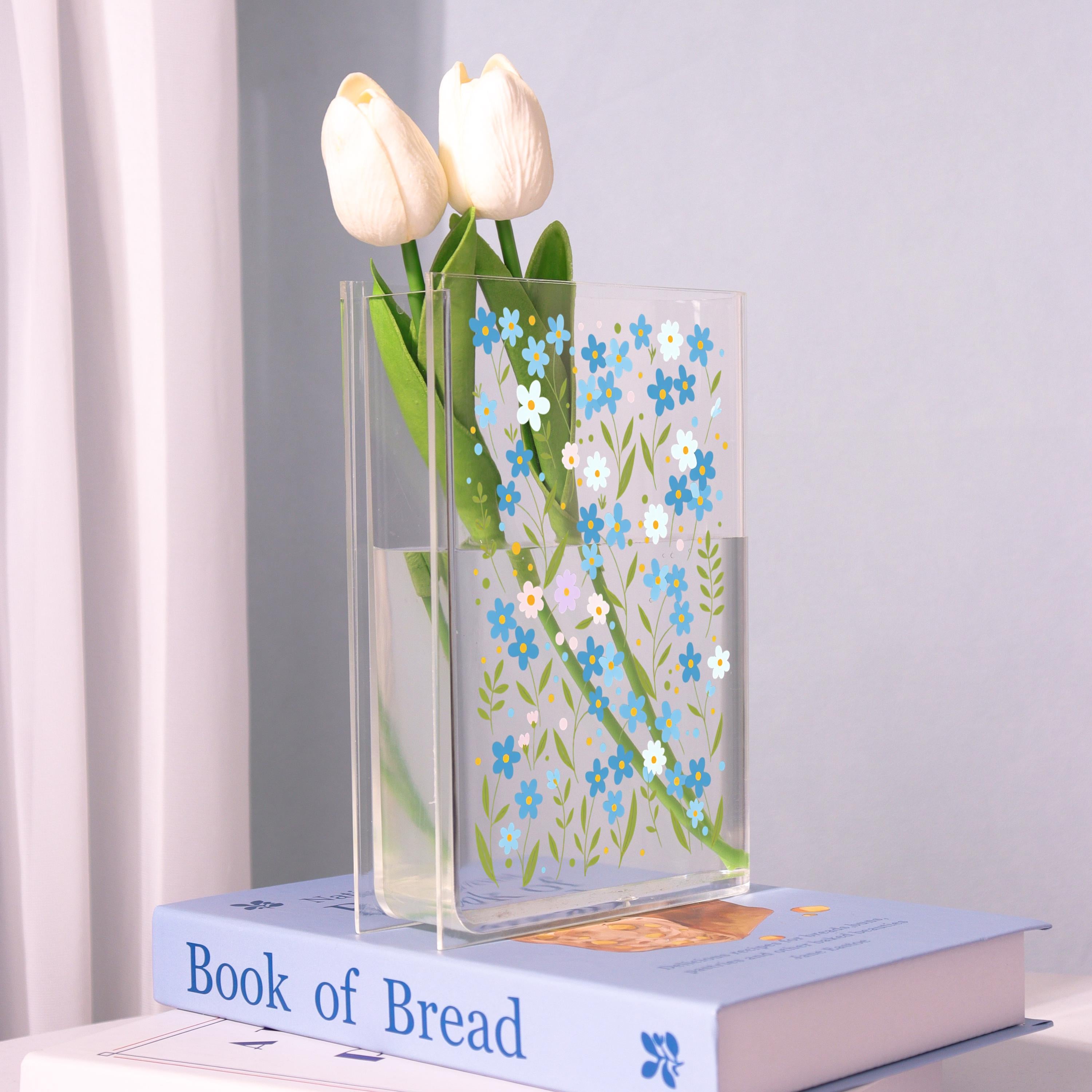 Blue Daisy Acrylic Book Vase, Wildflower Pattern Bookish Vase, Cottagecore Book Shaped Vase, Minimalist Flowers,custom Gift for Flower Lover