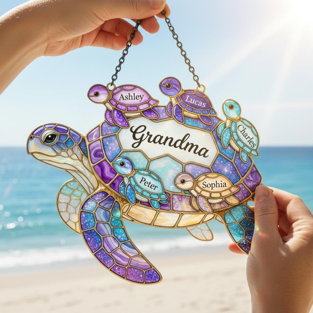 Personalized Sea Turtle Family Suncatcher, Custom Grandma Turtle Acrylic Window Art, Faux Stained Glass Ocean Decor, Mother's Day Gift