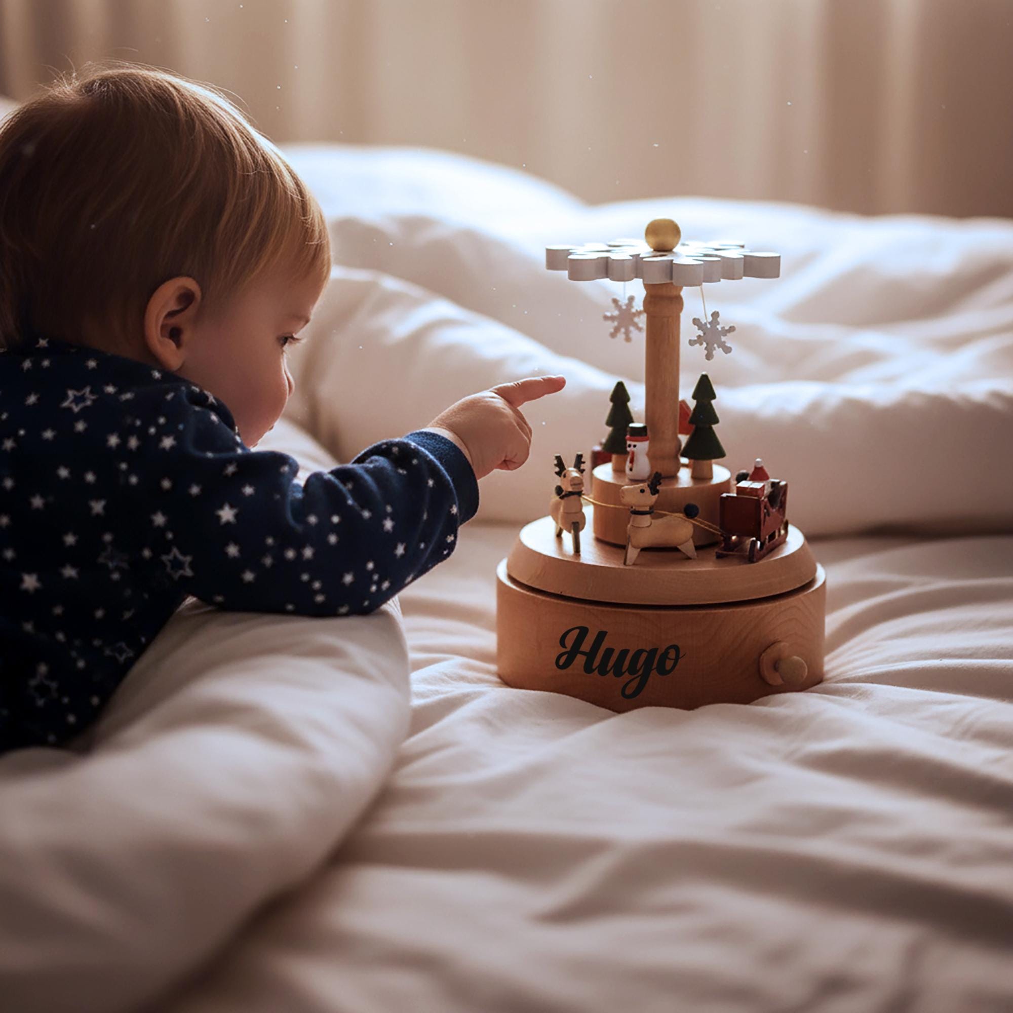 Christmas Wooden Carousel Baby Name Music Box – Personalized Newborn Xmas Keepsake Gift