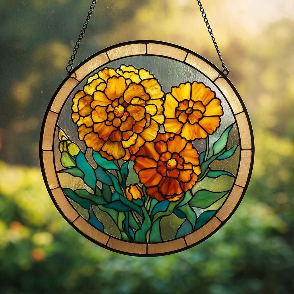 October Birth Flower Marigold Suncatcher – Stained Glass Window Hanging, Floral Home Decor, Sun Catcher Door Ornament, Gift for Her