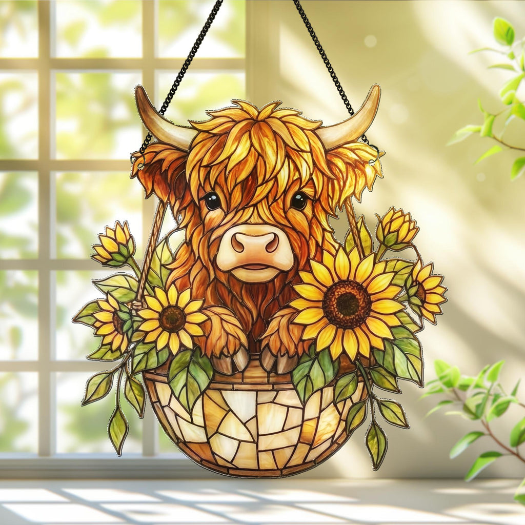 Sunflower Highland Cow Suncatcher, Whimsical Window Decor, Farm Animal Window Hanging, Country Farmhouse Decor, Cow Lover Gift, Baby Gift