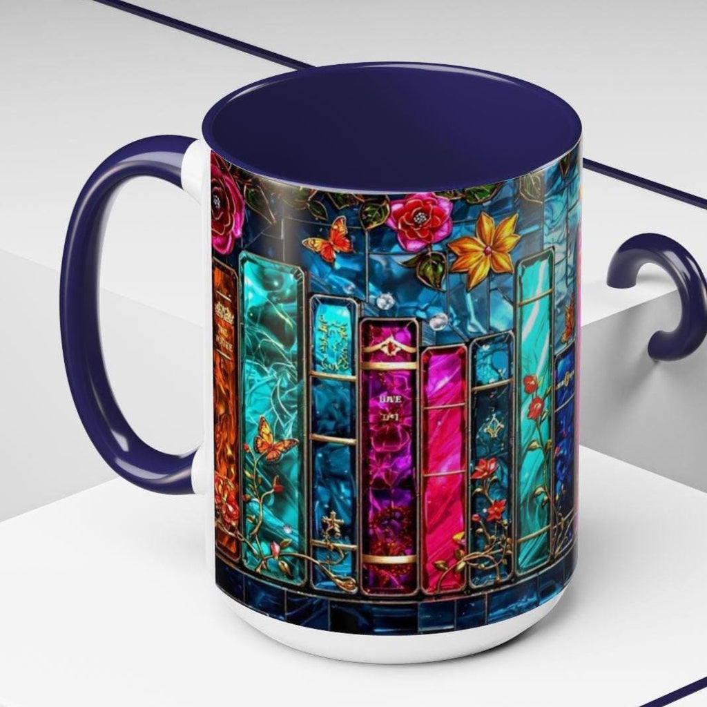 Bookish Stained Glass Mug _ Vintage Bookshelf, Cozy Reader Gift, Cozy Reader Gift, Book Lover Gift, Reading Mug for Women, Library Aesthetic Cup 15oz