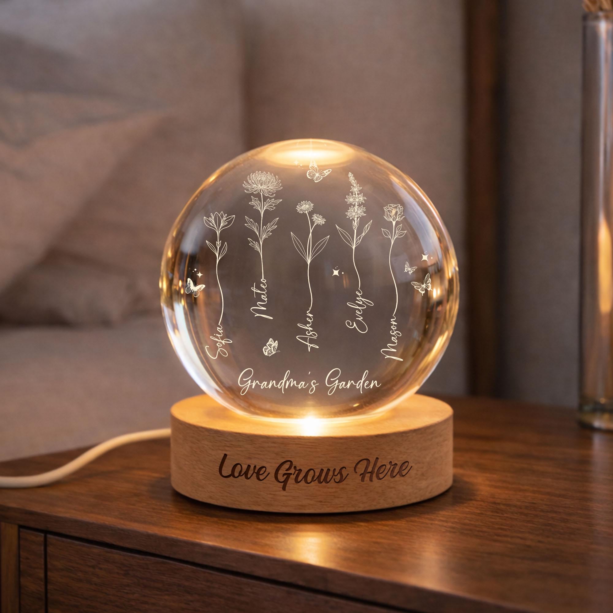 Grandma's Garden Birth Flower Crystal Ball Night Light, Custom LED Night Light With Kids Names, Mother's Day Gift, Family Birth Flower Gifts