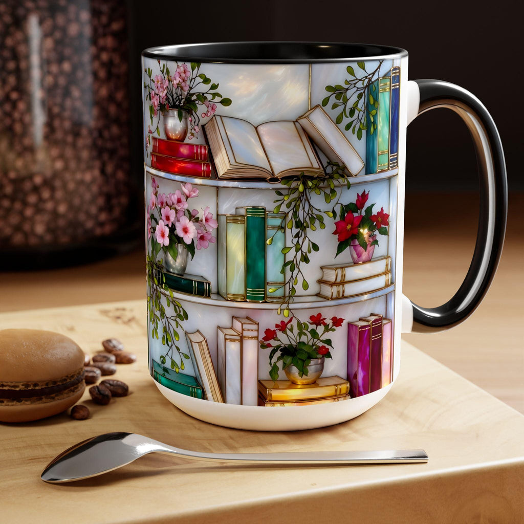 Stained Glass Style Bookshelf Mug, Colorful Floral Book Mug, Book Lover Gift. Elegant Reading Mug, Gift Mug – Thoughtful Design for Coffee Lovers