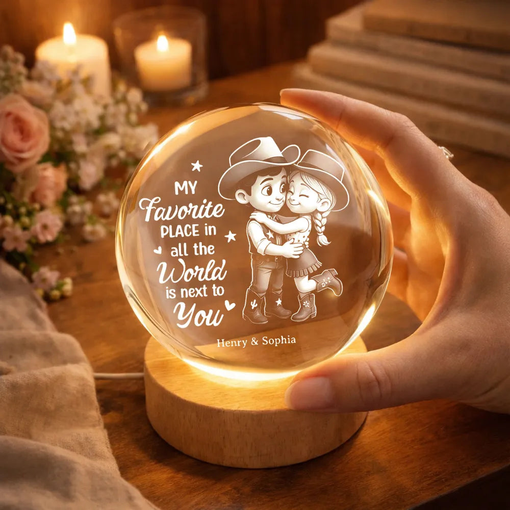 Countryside Couple Cowboy Cowgirl - Personalized Crystal Ball LED Nigh, Night Sky Print, Valentines Day Wedding Anniversary Gift For Couple