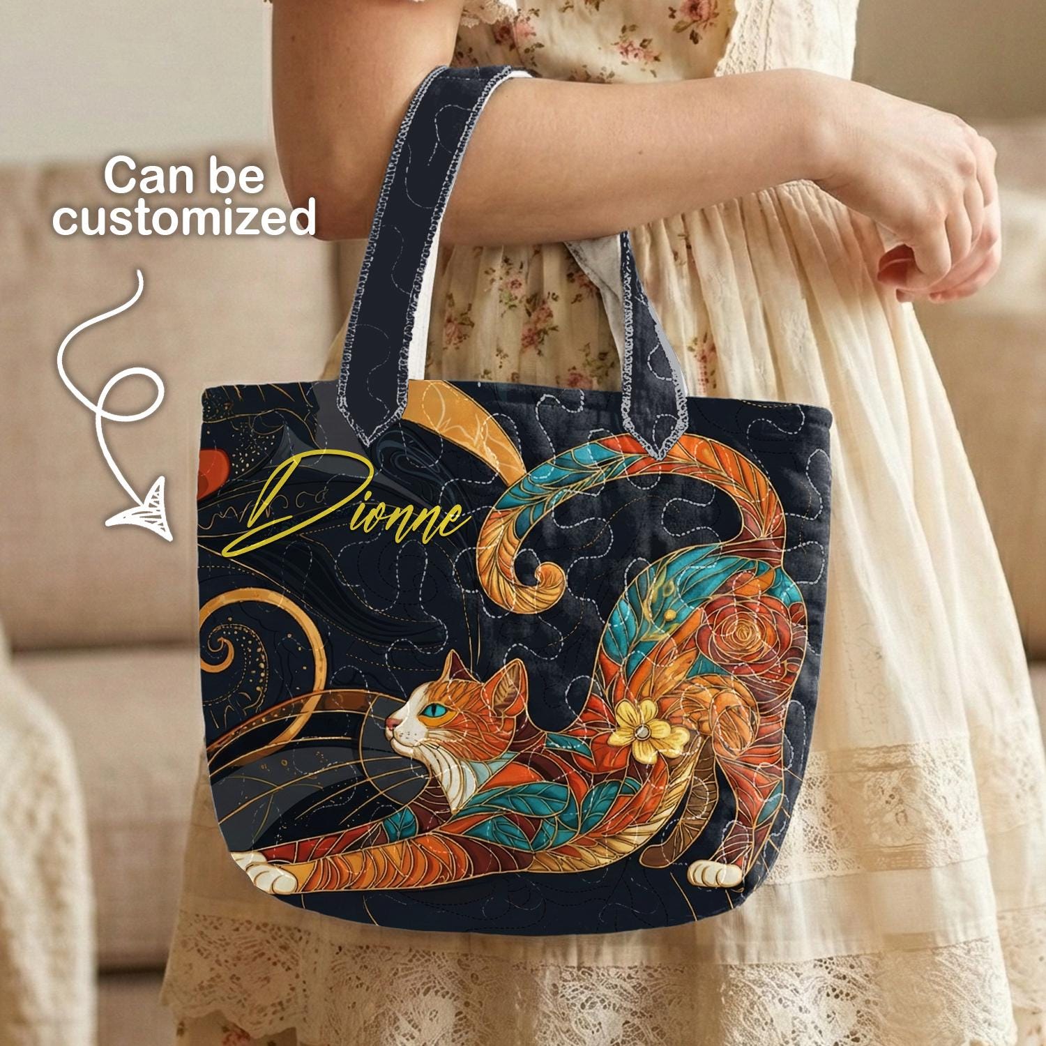 Personalized Cat Tote Bag, Quilted Cat Bag, Custom Name Gift for Cat Lovers, Colorful Cat Art Bag, Pet Lover Tote