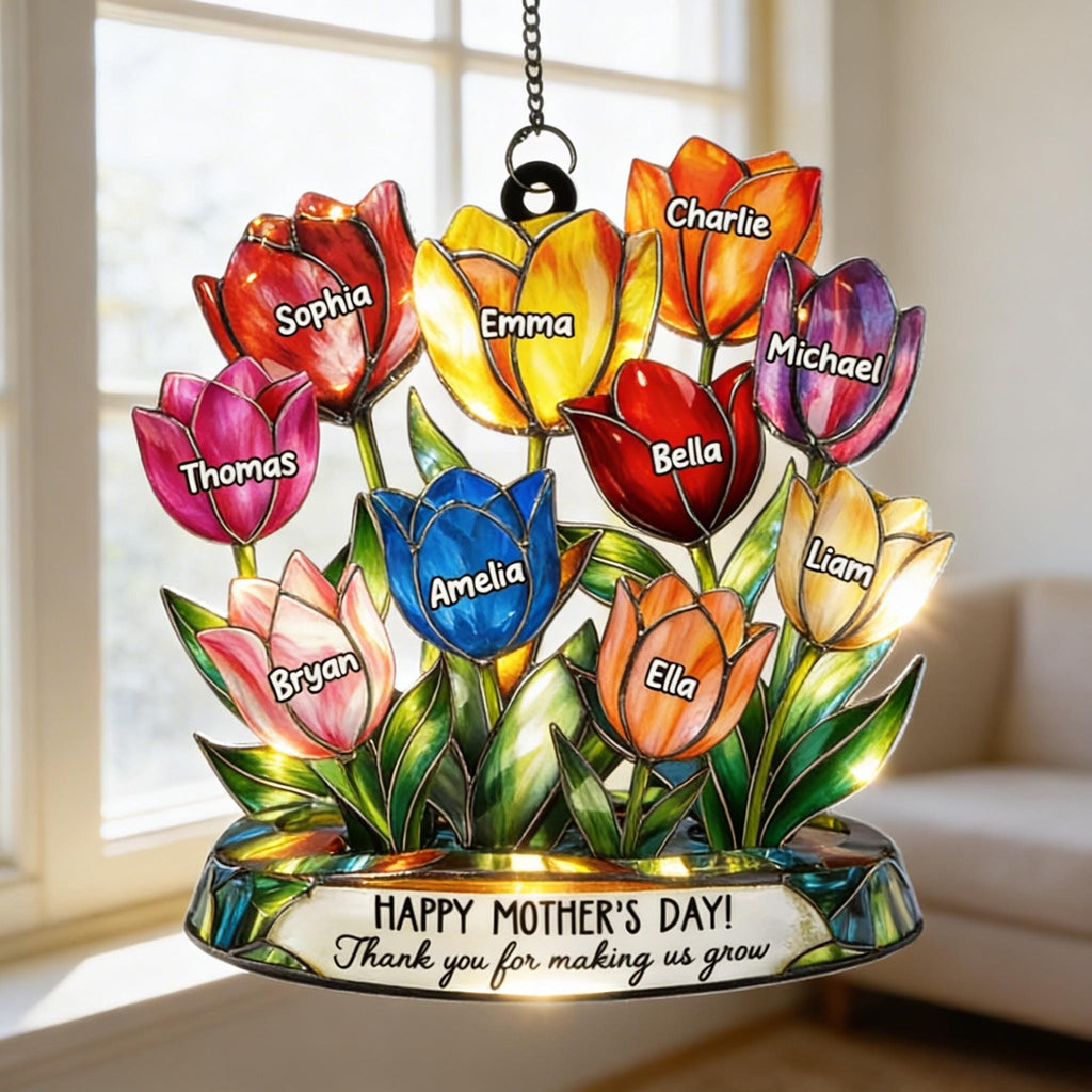 Personalized Tulip Glass Suncatcher, Custom Tulip Family Window Hanging, Gift for Mom, Mother’s Day Gift, Custom Names Flower Decor