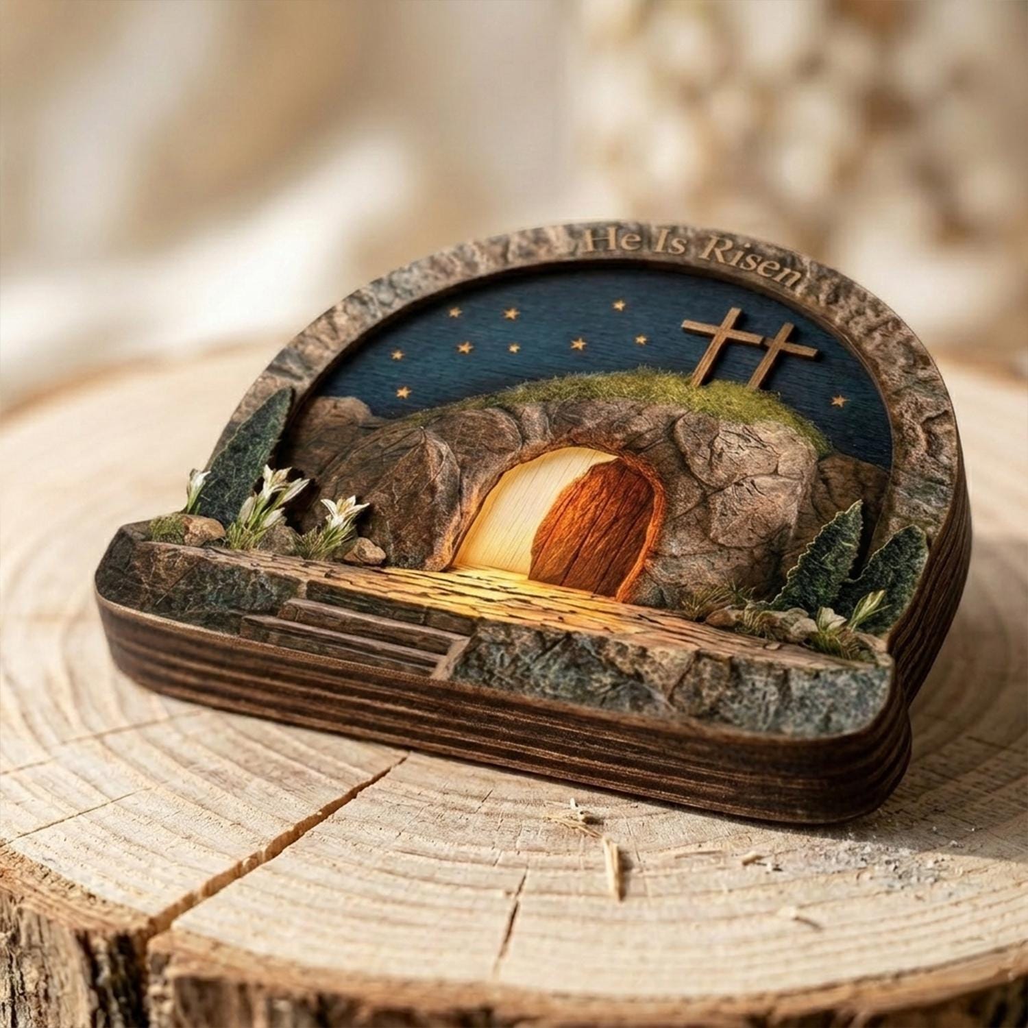 Easter Wooden Block, Empty Tomb Resurrection Scene, He is Risen Christian Decor, Meaningful Church Gift for Pastor Appreciation and Ministry