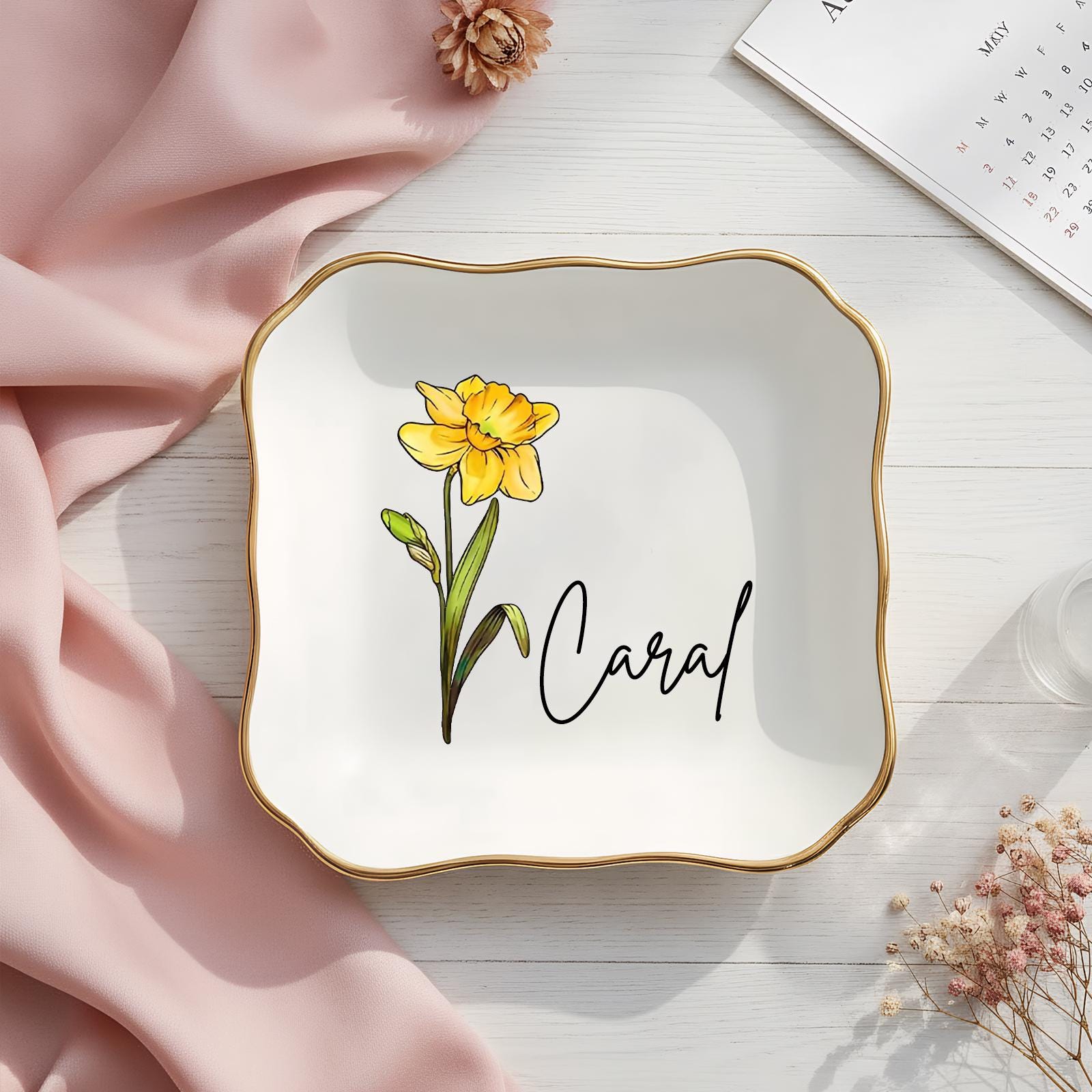 Personalised Birth Flower Trinket Dish, Custom Watercolor Flower Ring Dish, Birthday Jewelry Dish, Wedding Bridesmaid Gift,friendhship Gifts