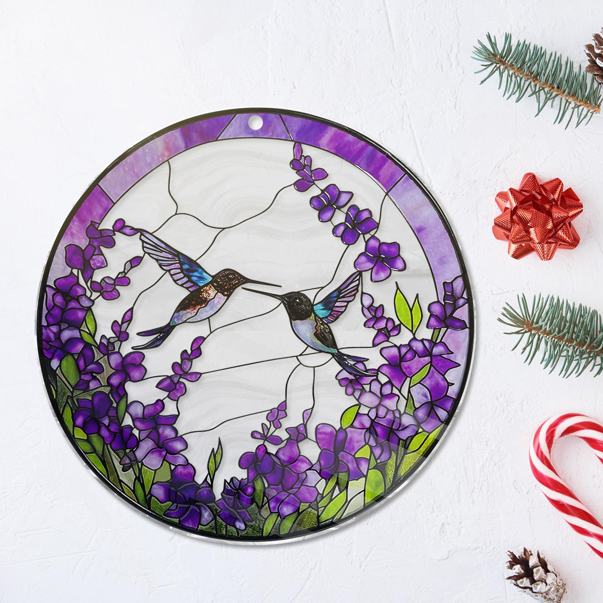 Hummingbirds Among Lavender Flowers ACRYLIC Window Hanging Hummingbird Stained Glass EFFECT Wall Art Gifts for Women Acrylic