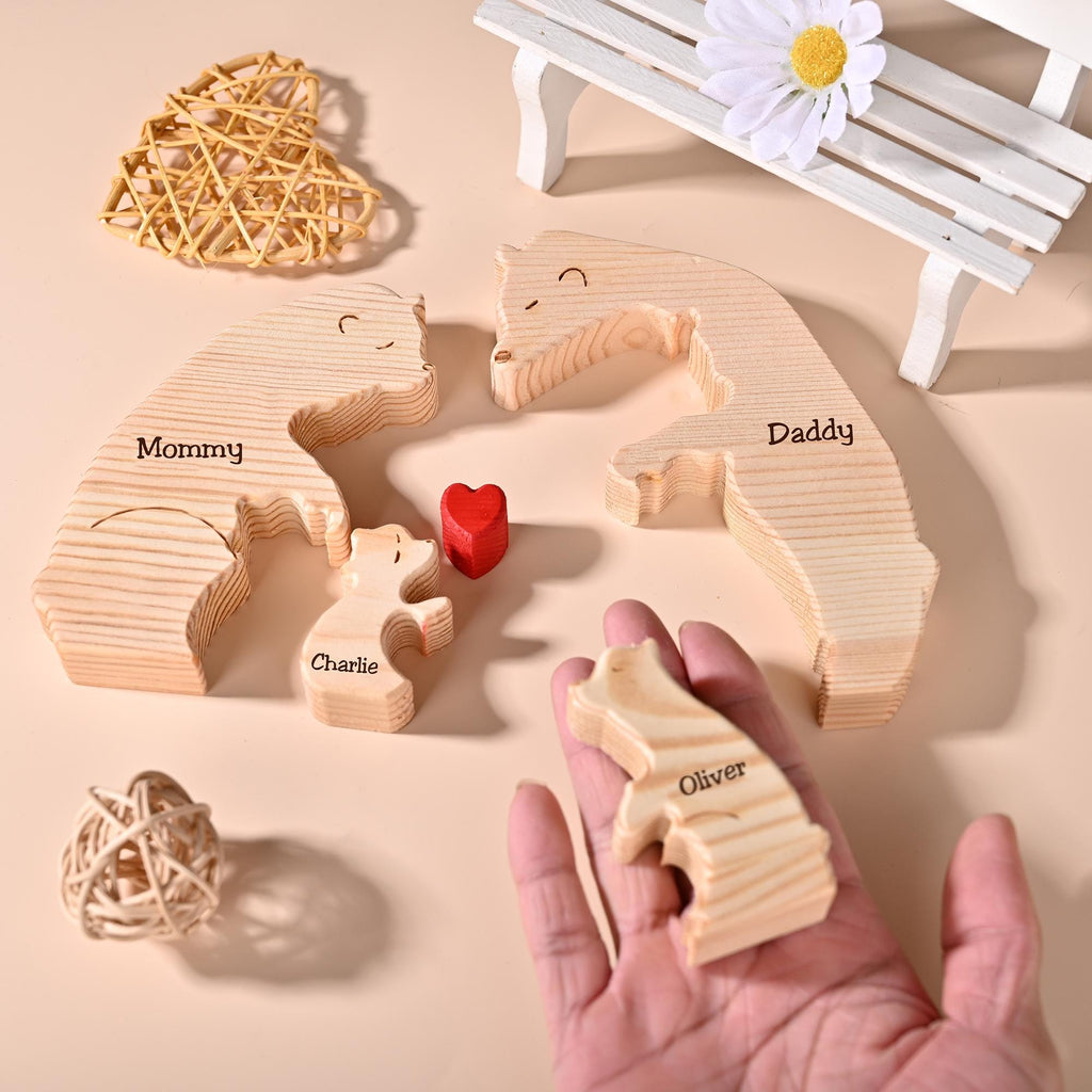Engraved Bear Hug Family Wooden Puzzle, Personalized Gift for Mom Dad Kids, Engraved Name Gift, Anniversary Gift for Couple, Home Decor