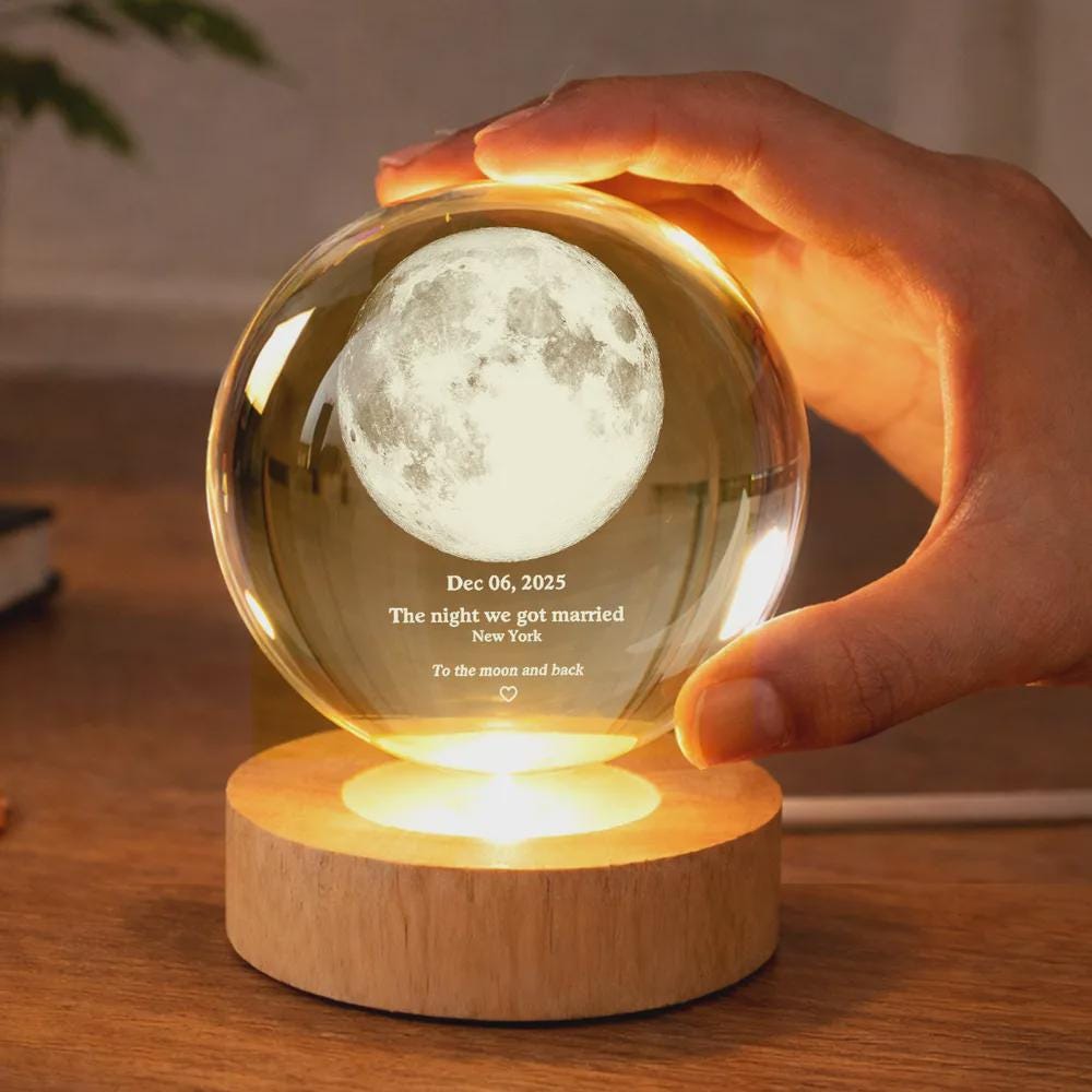 Personalized Moon Phase Crystal Ball Night Light, Romantic Anniversary Gift, Personalized LED Glass Lamp, Valentine's Day Gift For Couple, Husband, Boyfriend, Wife