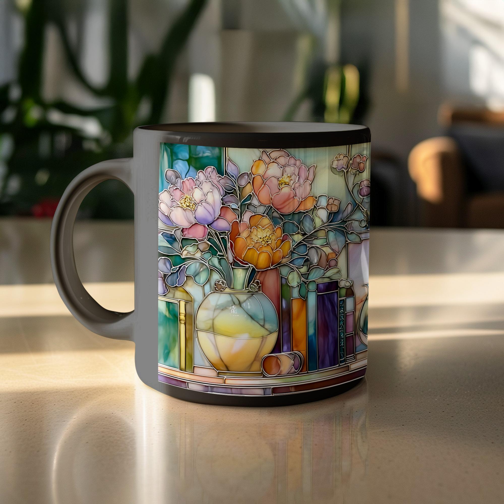 Floral Bookshelf Mug, Faux Stained Glass Effect, Unique Tea Lover Gift, Book Lover Gift, Unique Coffee Mug, Decorative Mug, Premium Ceramic Mug – Everyday Use & Gift Idea