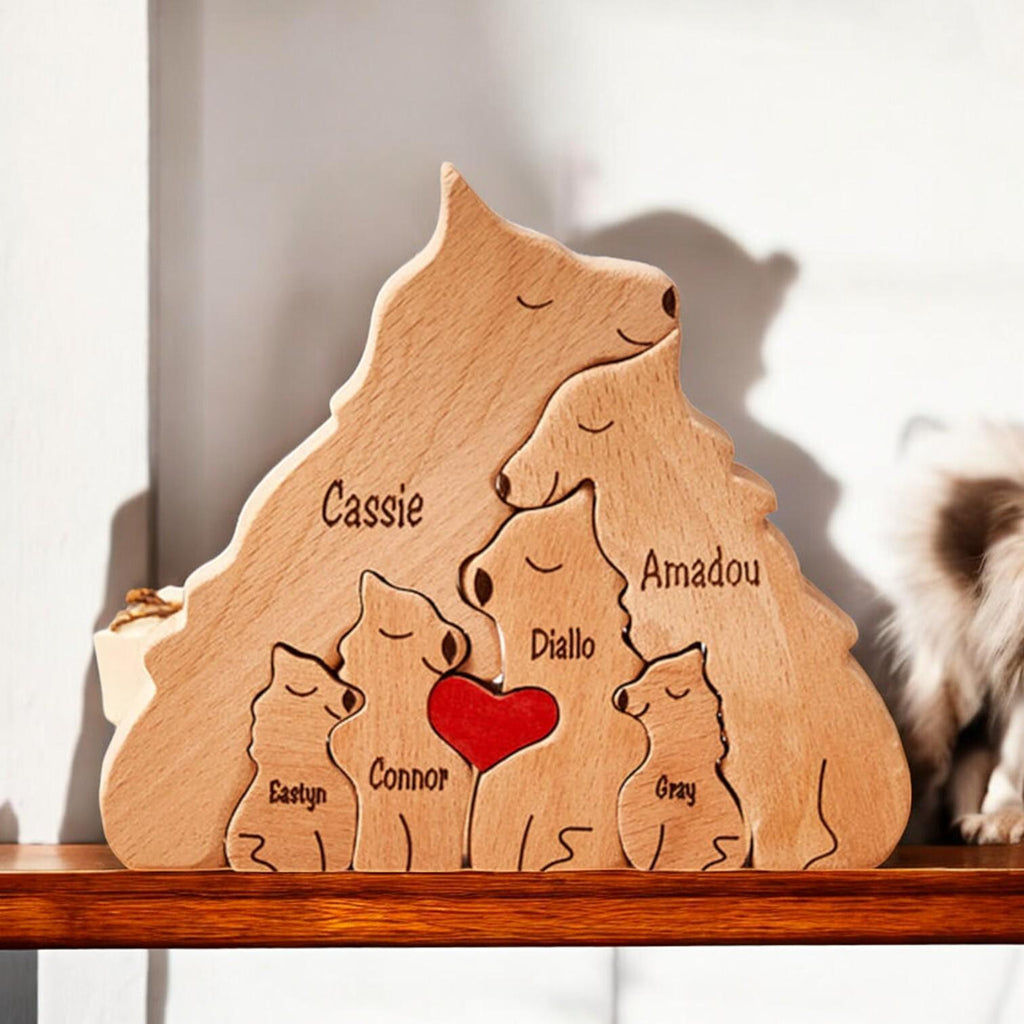 Personalised Wooden Wolf Family Puzzle _ Custom Engraved Figurines _ Handmade Christmas Present, Rustic Home Decor, Family Gift Keepsake