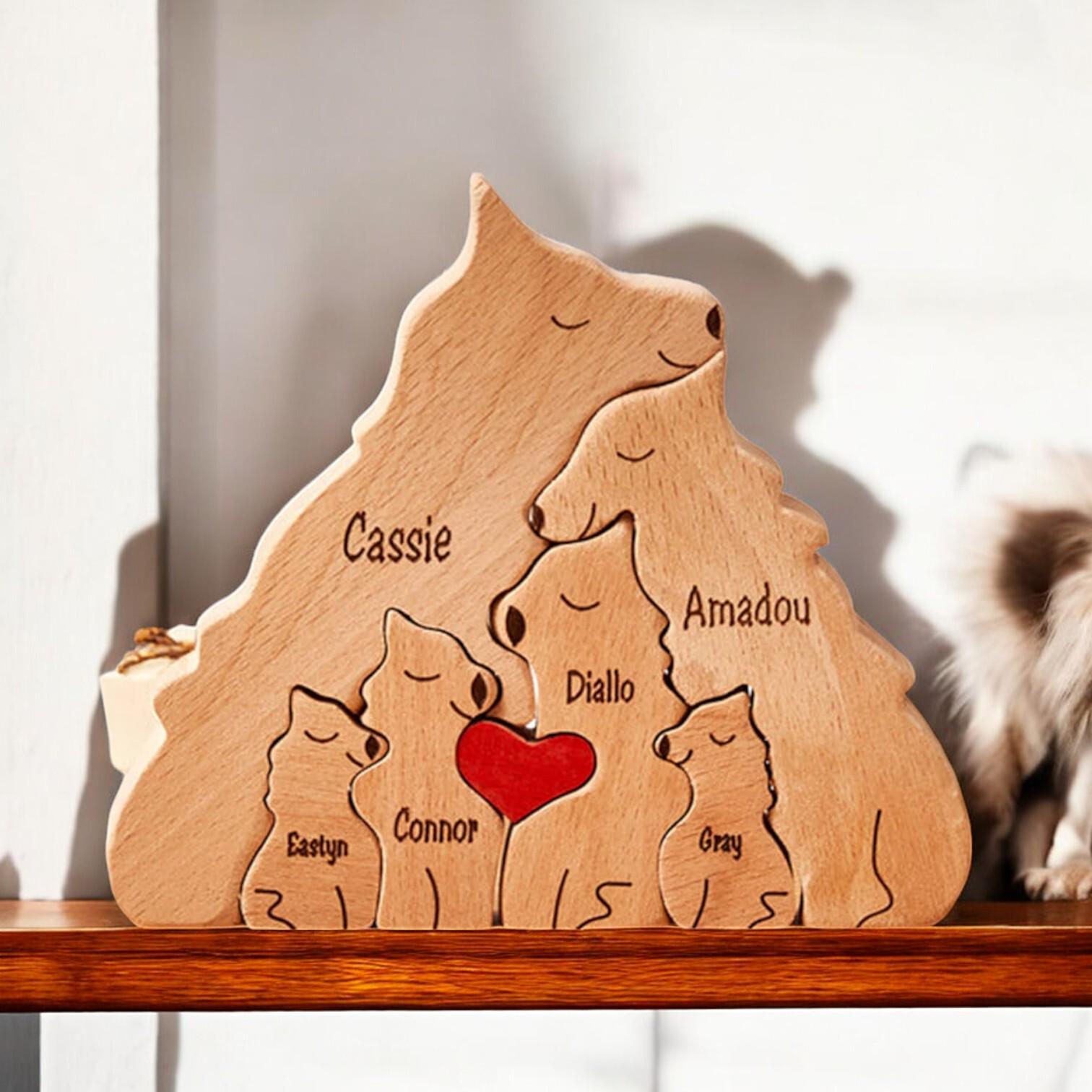 Personalised Wooden Wolf Family Puzzle _ Custom Engraved Figurines _ Handmade Christmas Present, Rustic Home Decor, Family Gift Keepsake