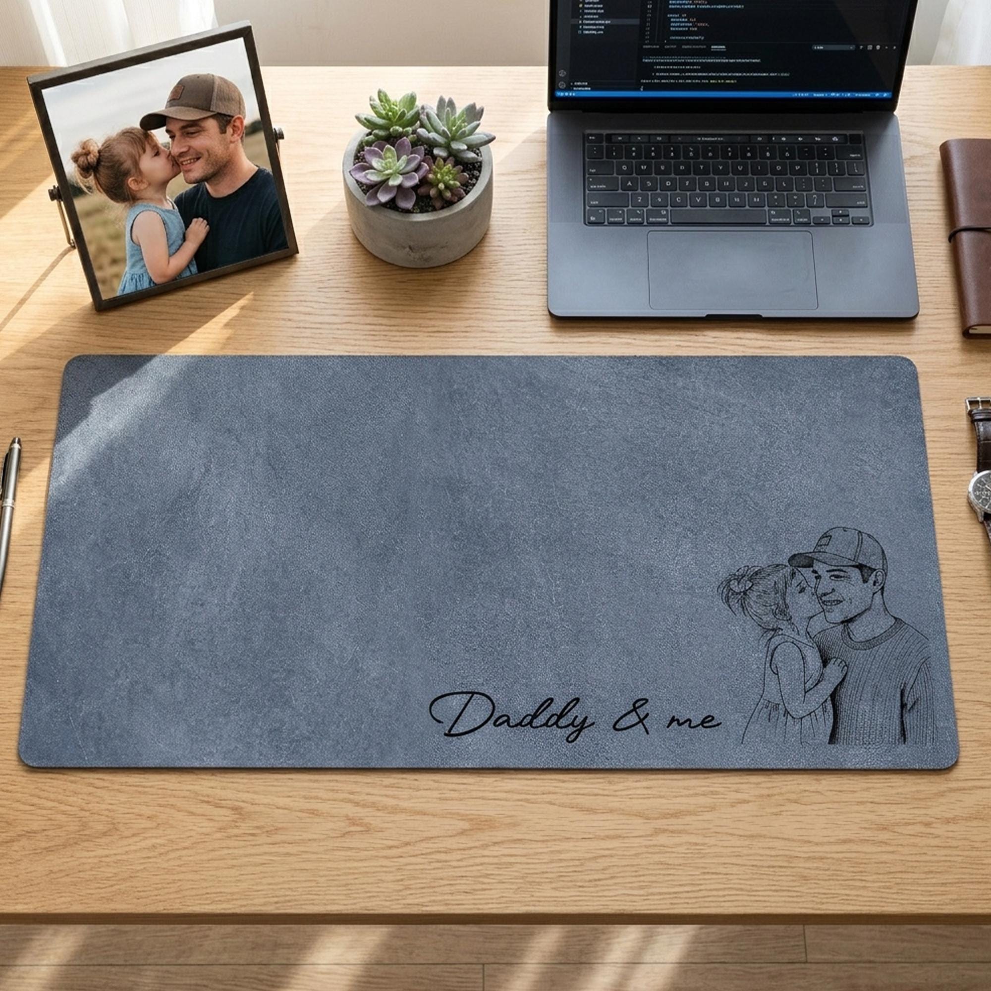 Custom Daddy We Love You Photo Sketch Line Art Desk Mat, Father's Day Gift for Grandpa, New Dad Custom Photo Line Art Mouse Pad Gaming