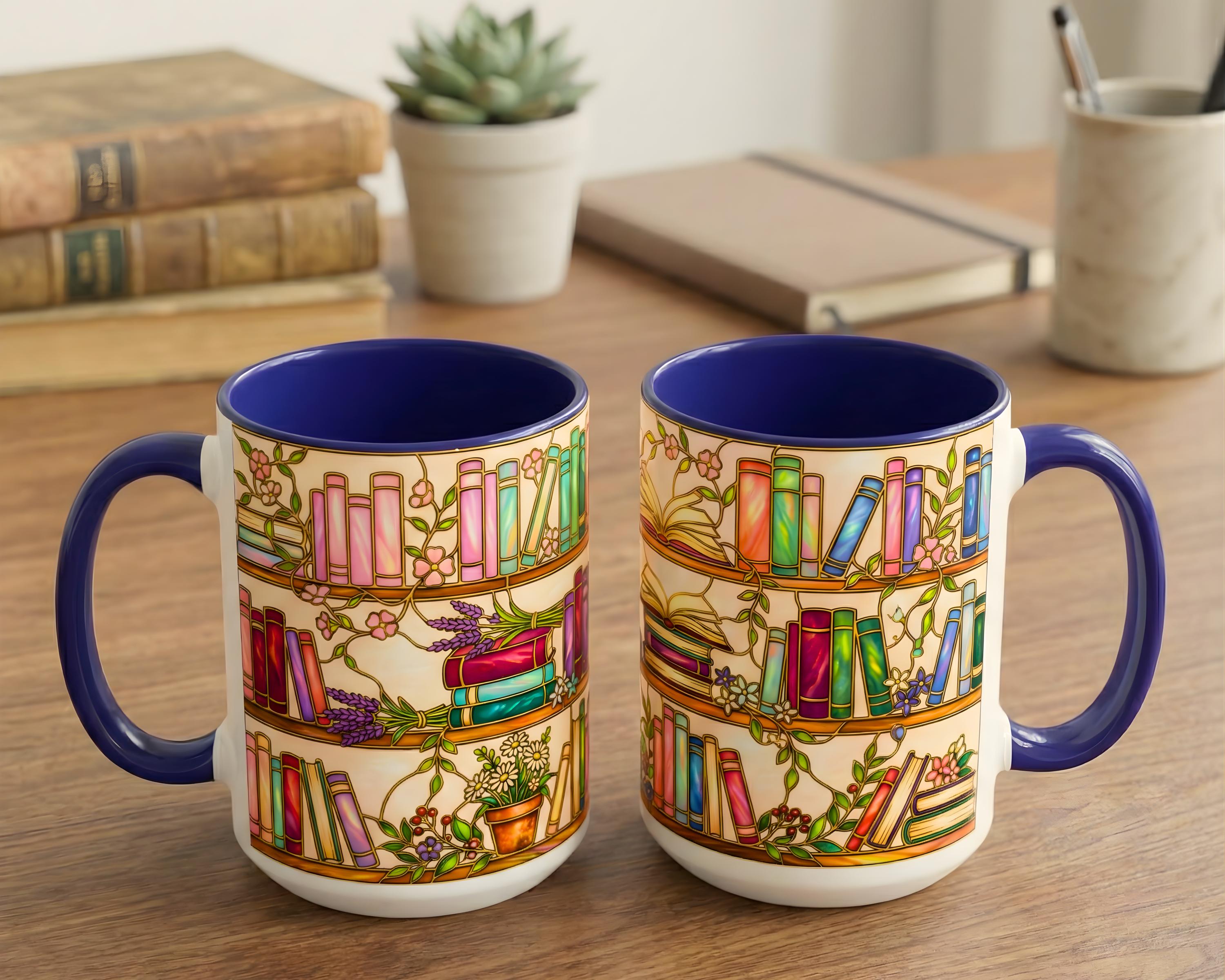 Stained Glass Floral Bookshelf Mug, Colorful Bookish Reader Coffee Cup, Book Lover Gift, Gift for Booktoker, Cozy Reading Nook Decor
