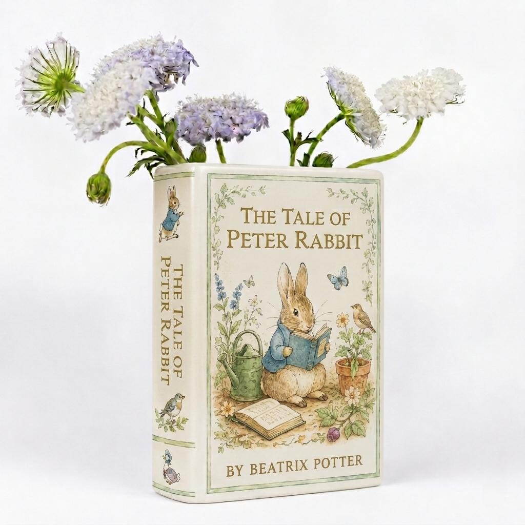 Peter Rabbit Ceramic Book Vase, Beatrix Potter Book Flower Vase, Cottagecore Nursery Decor, Vintage Storybook Home Accent