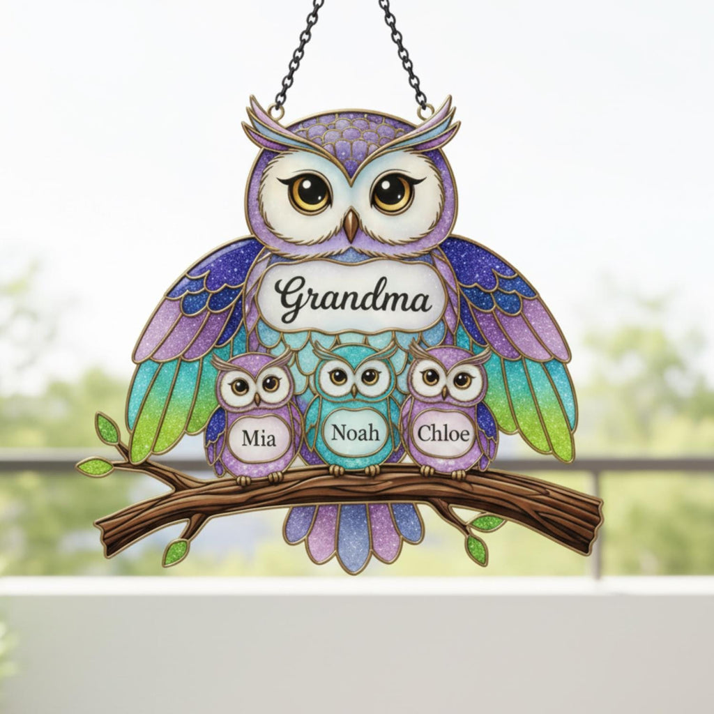 Personalized Owl Family Suncatcher, Custom Name Grandma Owl Acrylic Window Art, Faux Stained Glass Bird Decor, Mother's Day Gift