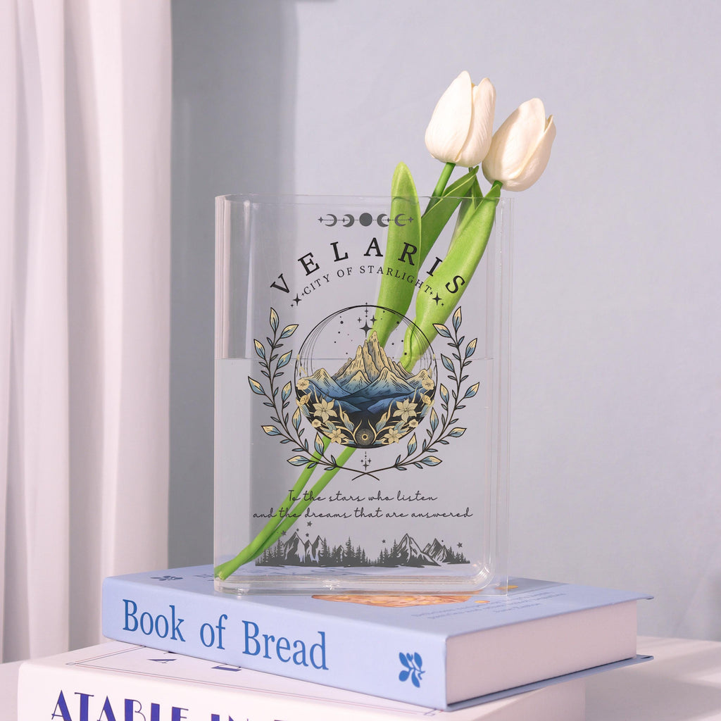 Velaris Acrylic Book Vase, City of Starlight Bookish Vase, Fantasy Mountain Book Shaped Vase, Ethereal Decor, Custom Gift for Book Lovers