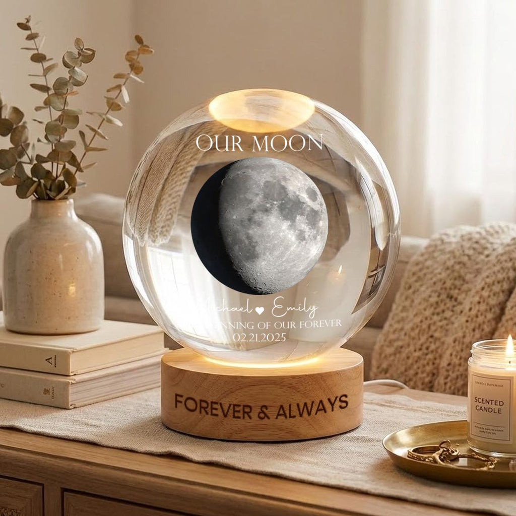 Personalized Moon Phase Anniversary Crystal Ball Lamp_ Engraved Wood Base Custom Keepsake