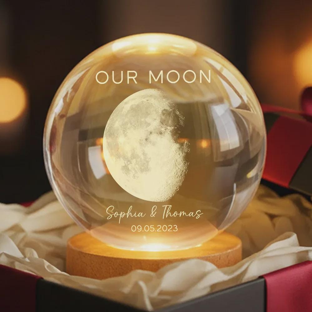 Personalized Moon Phase Crystal Ball Lamp, Custom Anniversary Night Light, Couple Anniversary Gift, Customizable with your names or special date, USB powered with 4 lighting modes