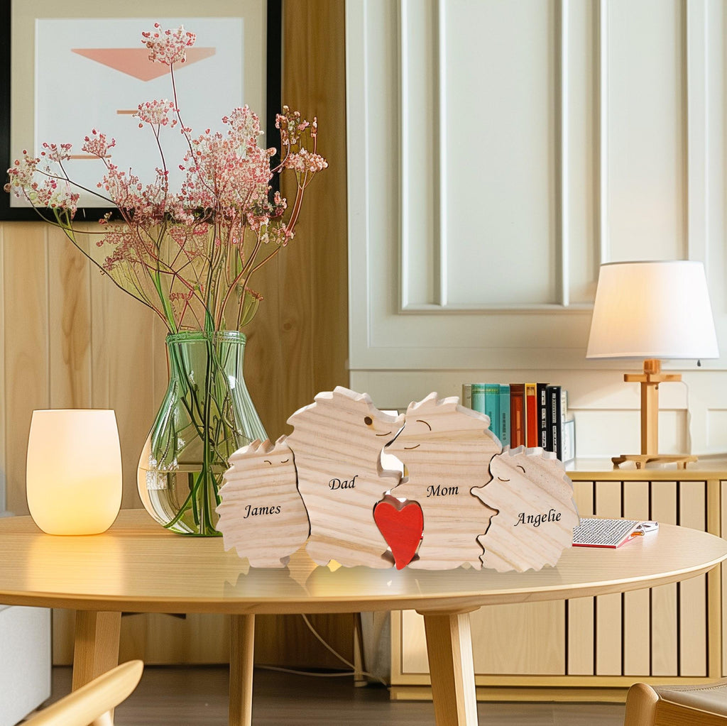 Wooden Animal Family Puzzle, 2-5 Hedgehogs Family Jigsaw Decor, Wedding Anniversary Gifts for Mom Dad Friend Couples Animal Family Decor