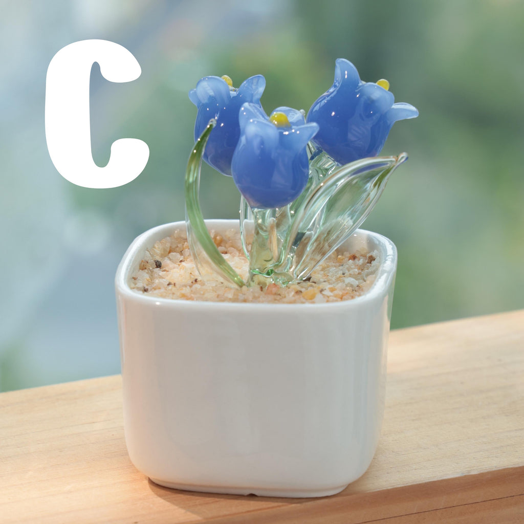 Hand Blown Glass Potted Plants – White, Pink & Blue Glass Tulip Figurines, Mini Flower Decor, Unique Handmade Gift
