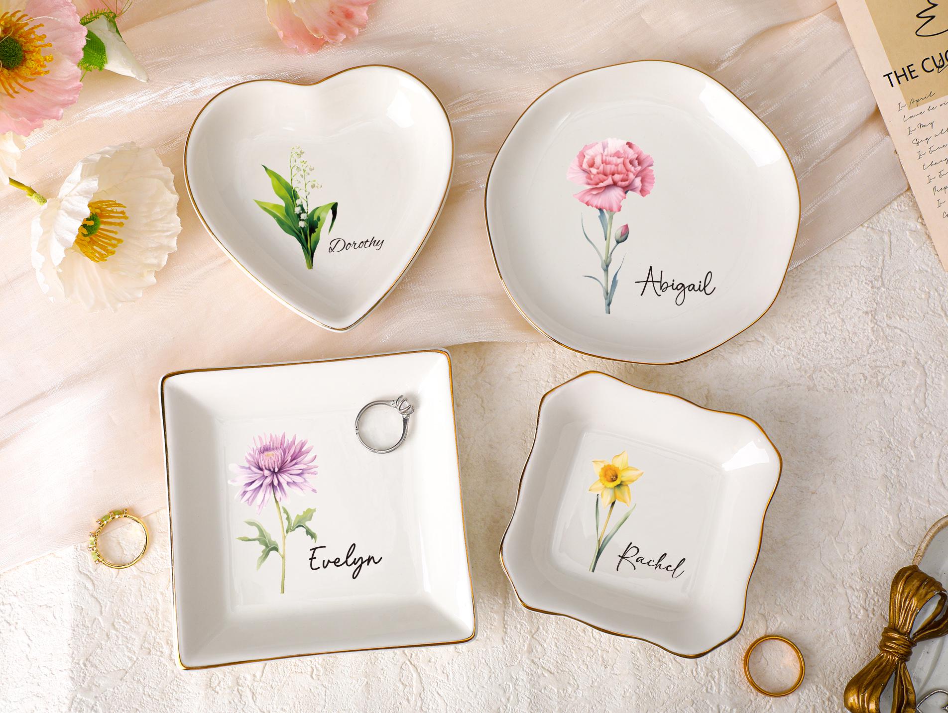 Personalized Birth Flower Jewelry Dish, Watercolor Flower Trinket Dish, Custom Ring Trinket Dish, Bridesmaid Gift, Birthday Gift for Her